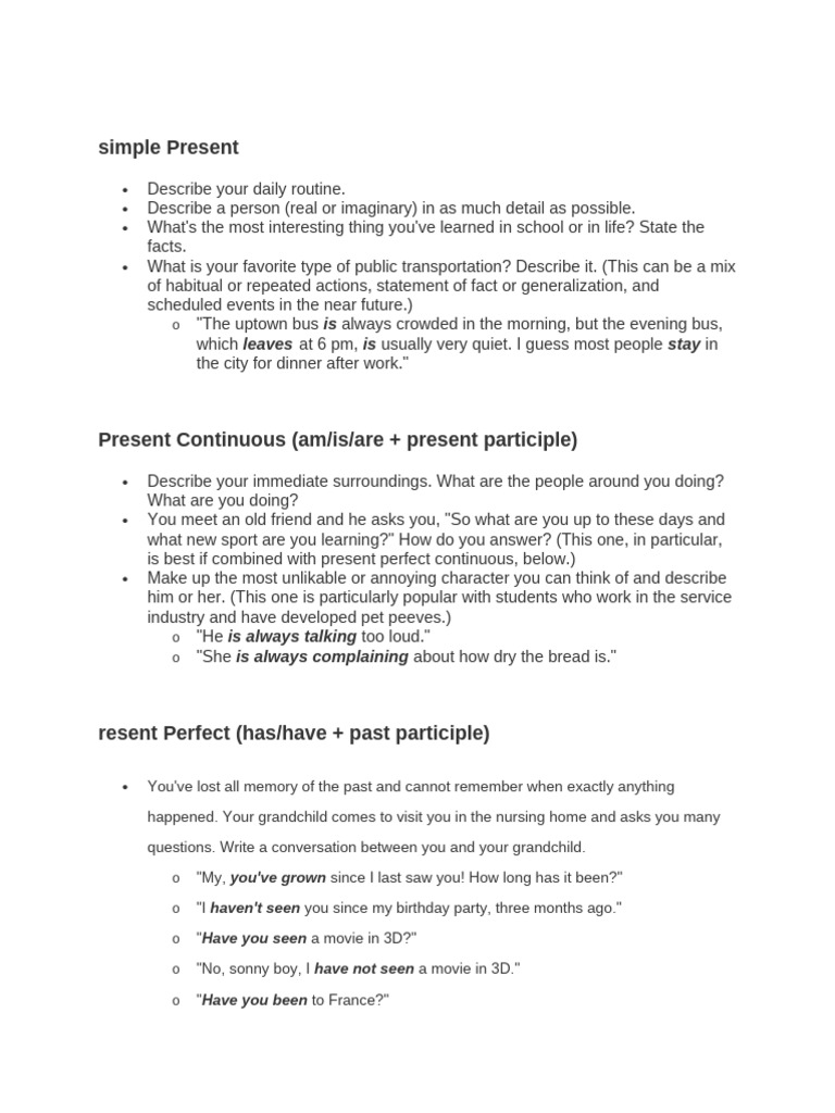 Tenses and Writing Prompts Guide | PDF | Perfect (Grammar) | Grammar