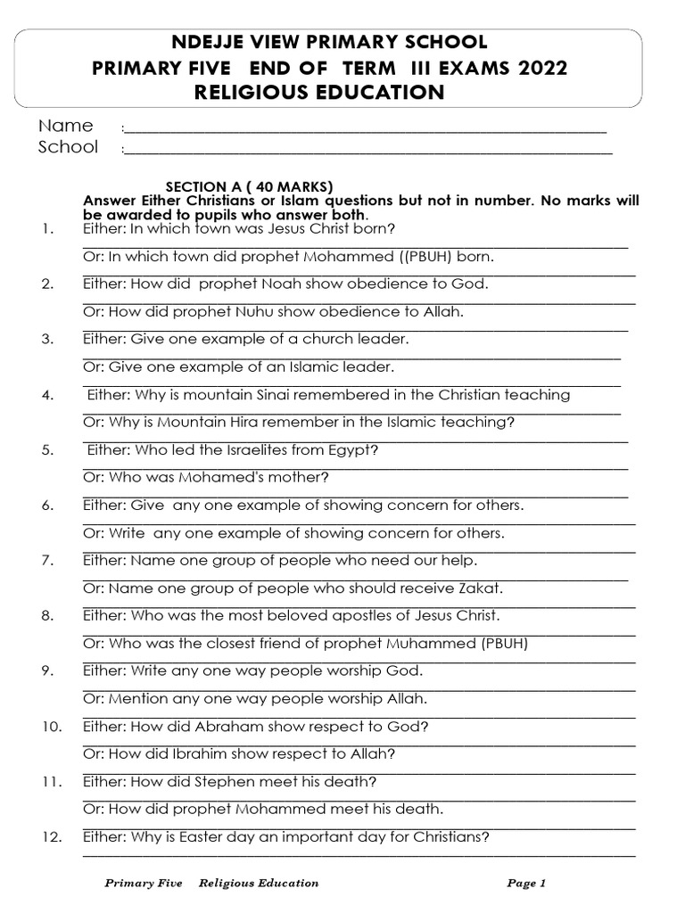 Primary Five Religious Education Exam Guide | PDF | Baptism | God In Islam