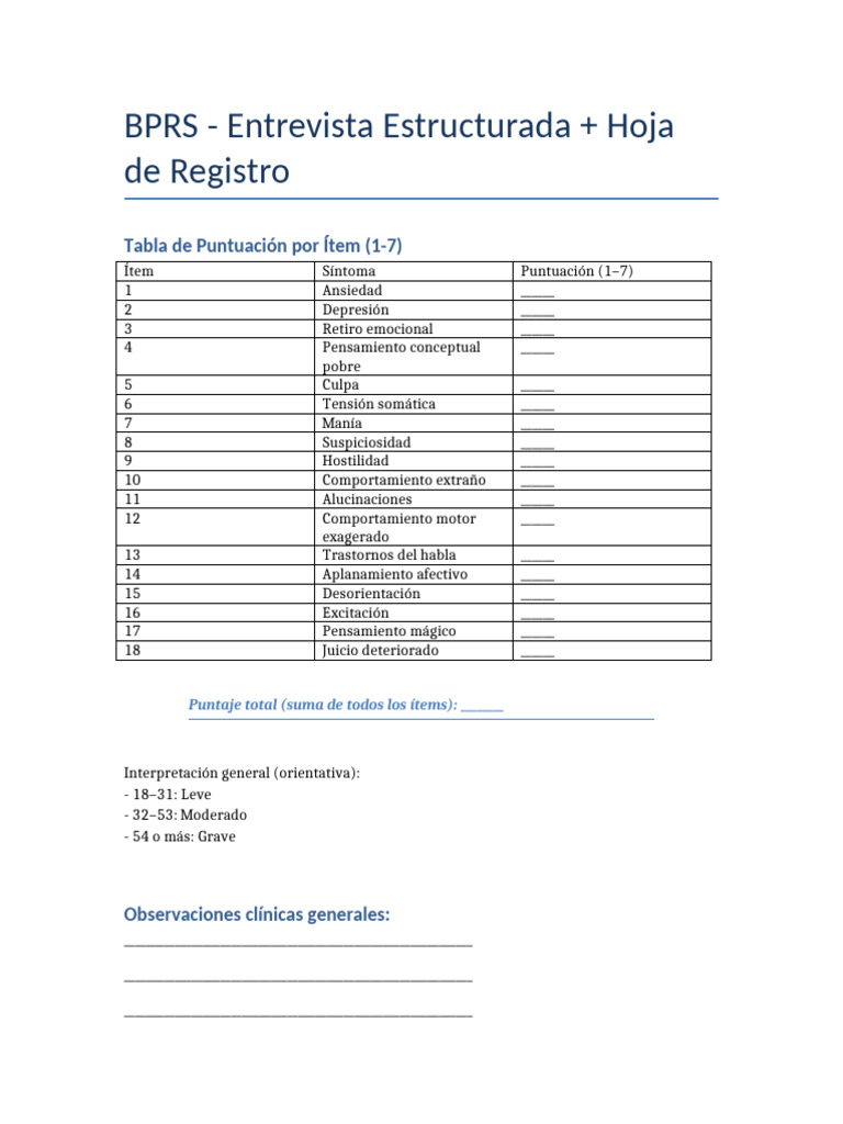 BPRS: Entrevista y Registro de Síntomas | PDF