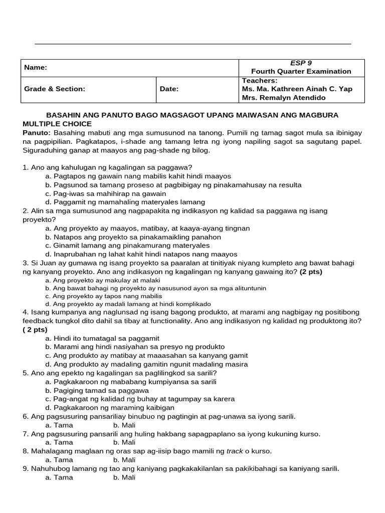 ESP 9 4th QUARTER EXAM | PDF