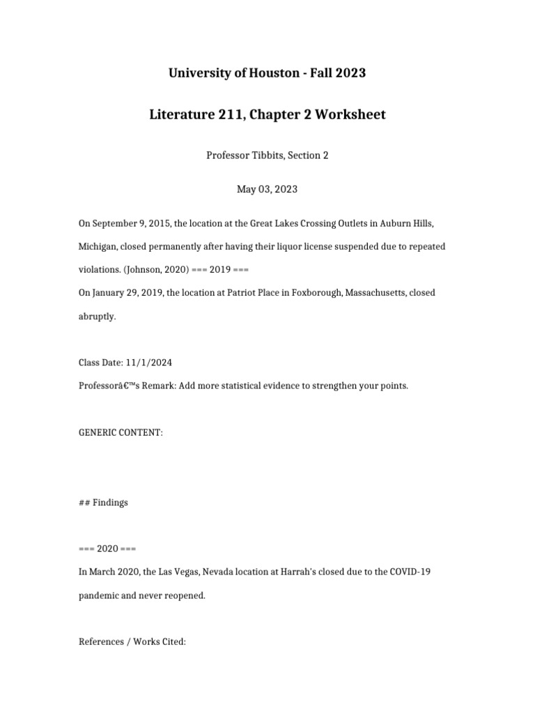 Literature 211 Chapter 2 Worksheet | PDF