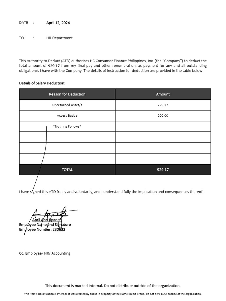 Authority to Deduct Final Pay Document | PDF