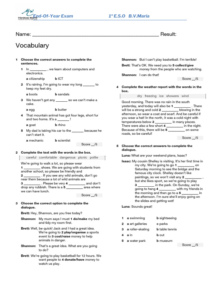 L1 A2 End of Year Test Basics | PDF