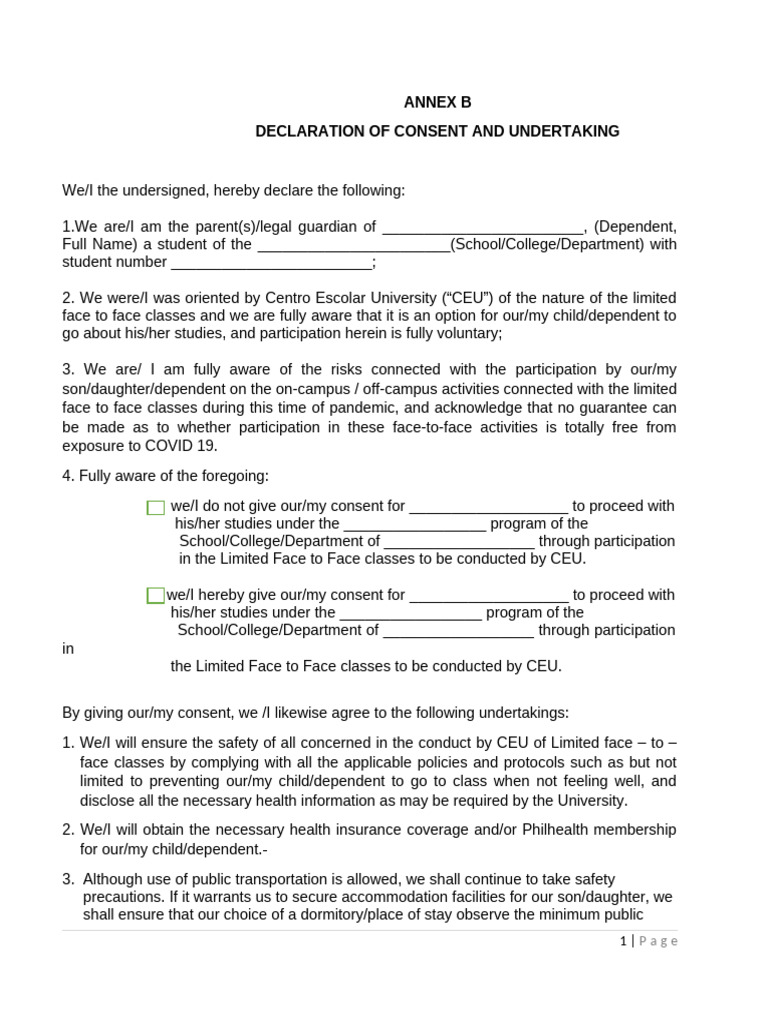 Linited F2F Declaration of Consent and Undertaking Annex B | PDF ...