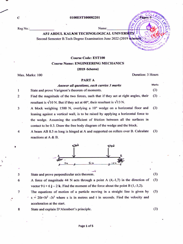 Engineering Mechanics Exam June 2022 | PDF | Force | Tension (Physics)