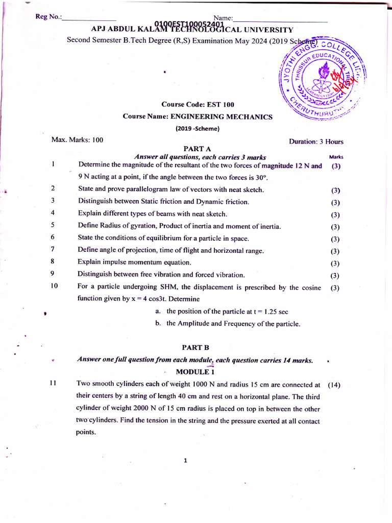 Est100 Engineering Mechanics May 2024 | PDF | Force | Tension (Physics)
