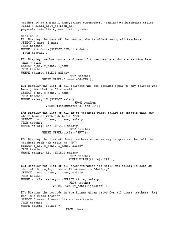 SQL Queries for Teacher Management System | PDF | Software Engineering ...