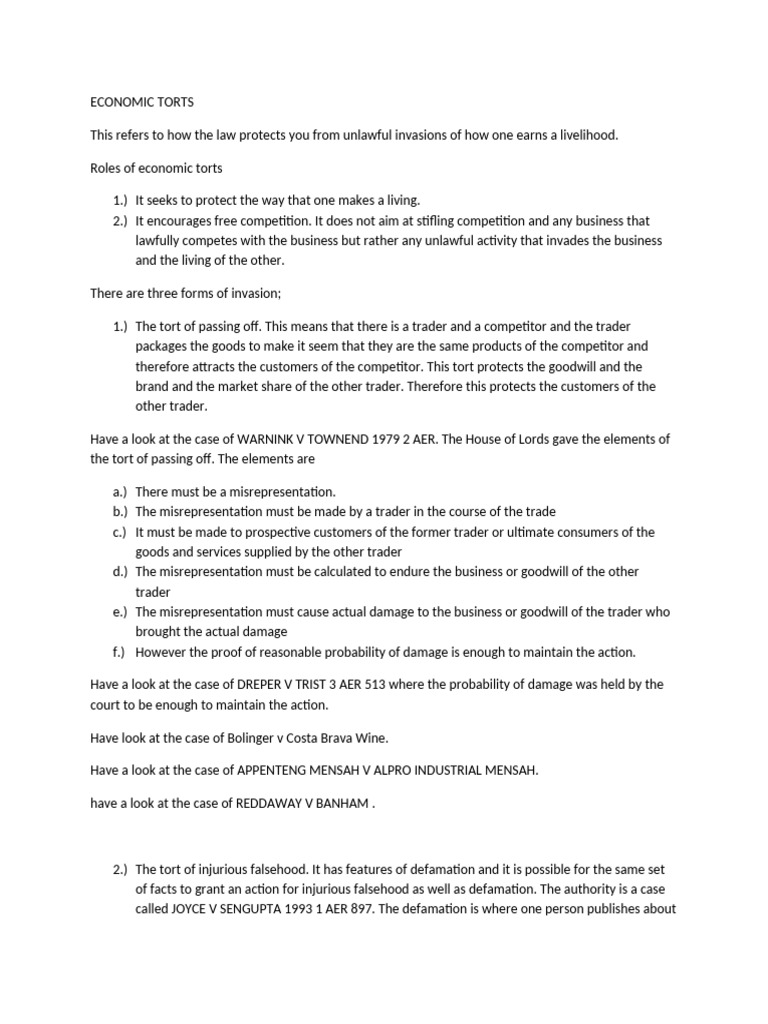 Understanding Economic Torts: Legal Protections | PDF | Tort | Defamation