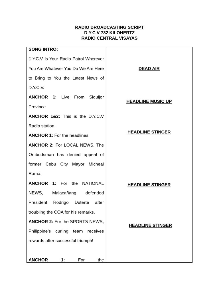 D.Y.C.V Radio News Broadcast Script | PDF | Rodrigo Duterte