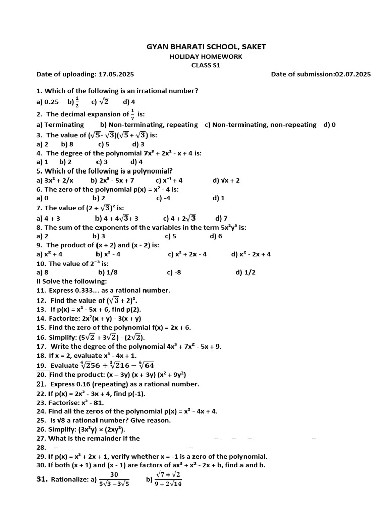Grade 9 Maths Holiday Homework | PDF | Polynomial | Factorization