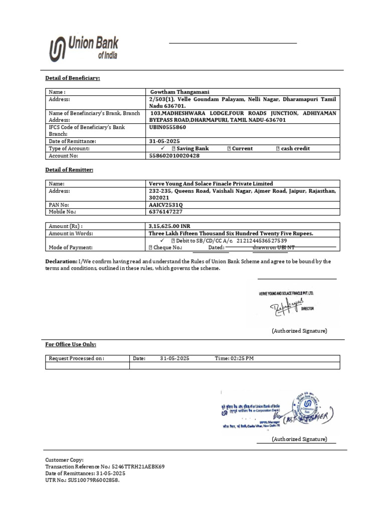 Union Bank RTGS/NEFT Form 2025 | PDF