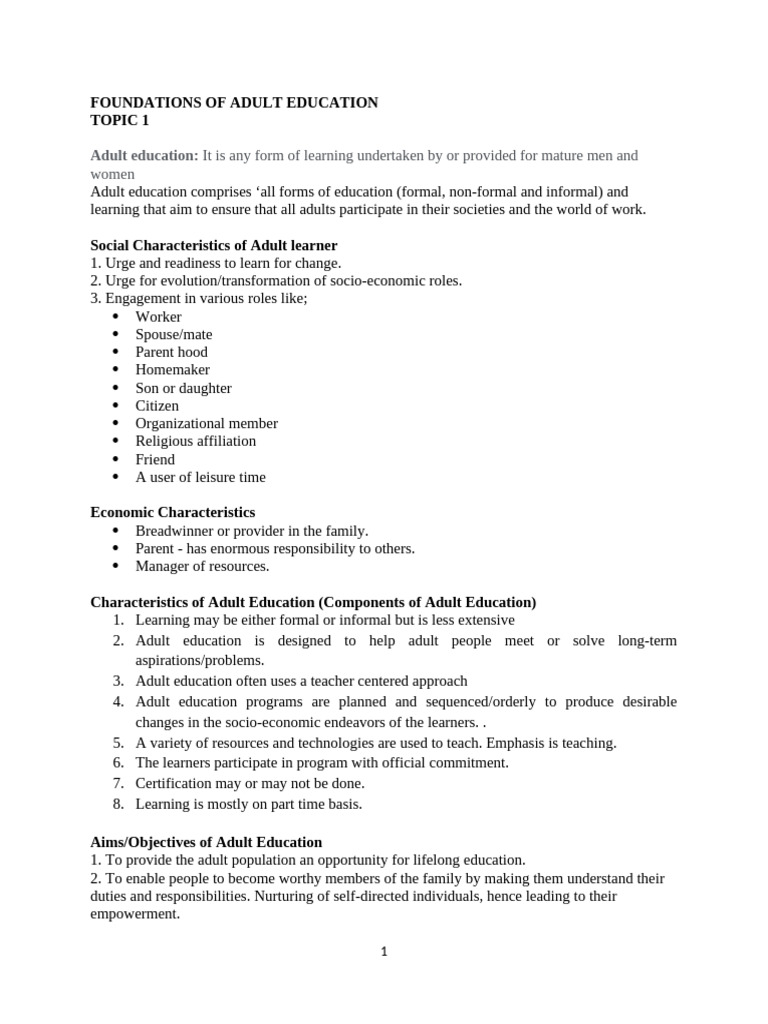 Objectives of Adult Education Explained | PDF | Adult Education | Learning