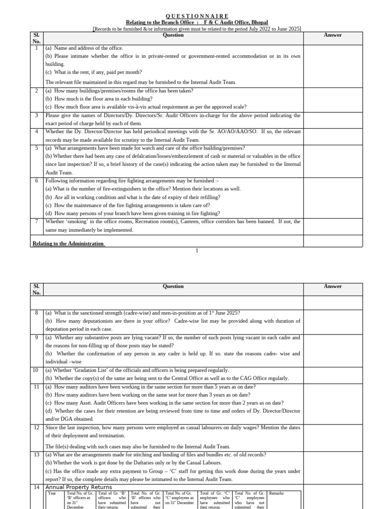 IA Questionnaire for Audit Office Bhopal | PDF | Audit | Financial Services