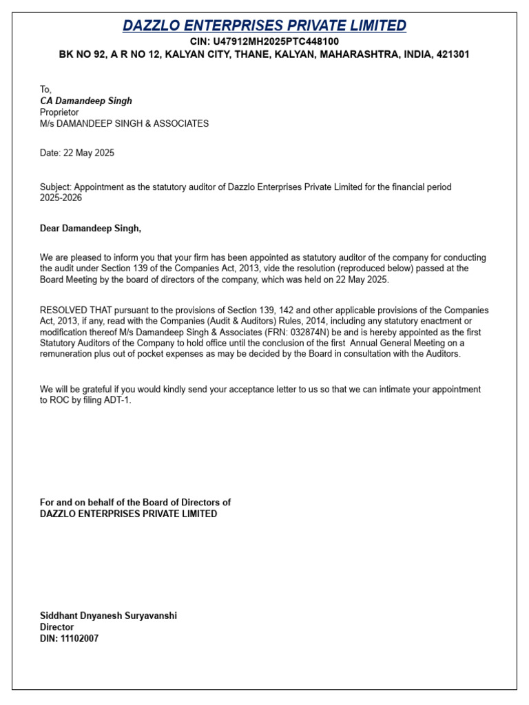 Statutory Auditor Appointment Letter | PDF
