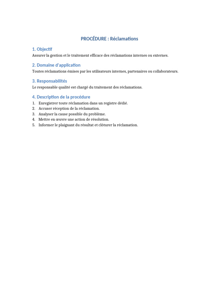 Gestion des Réclamations : Procédure Complète | PDF