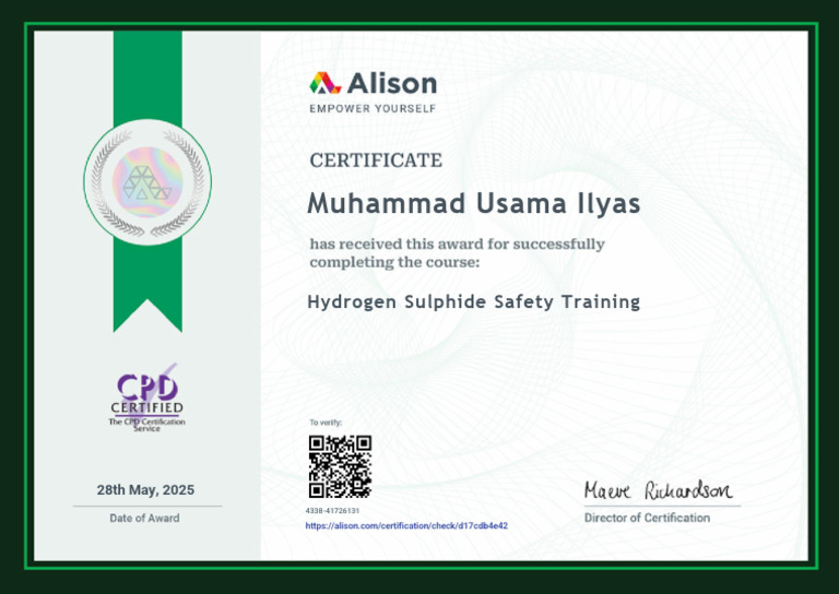 H2S Safety Training Certificate 2025 | PDF