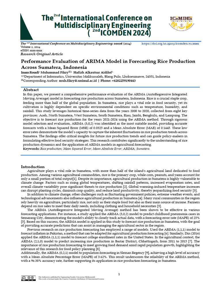 ARIMA Model for Rice Production Forecasting in Sumatera | PDF ...