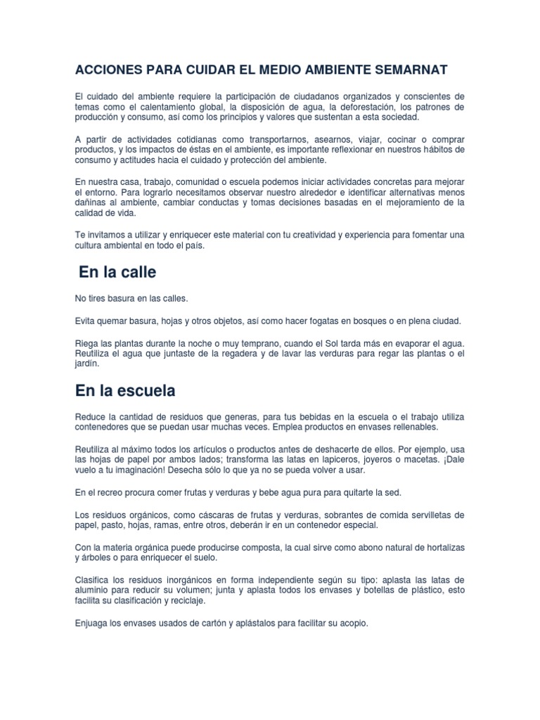 Acciones para Cuidar El Medio Ambiente SEMARNAT | PDF | Residuos | Coche