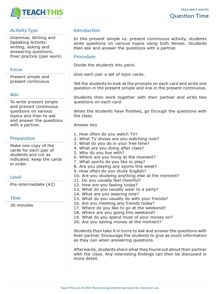 Present Simple vs. Continuous Questions | PDF | Linguistics