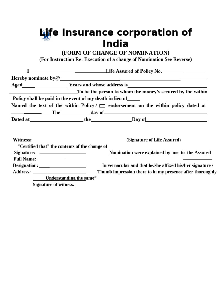 LIC Nomination Change Form Instructions | PDF