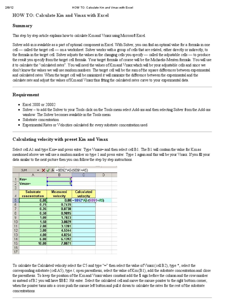 HOW TO Calculate KM and Vmax With Excel PDF Microsoft Excel Software
