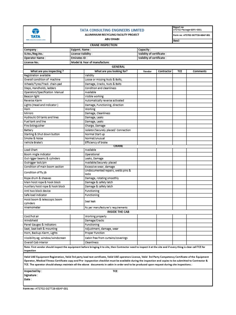 Crane Checklist TCE | PDF | Crane (Machine) | Vehicles
