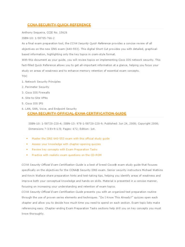 CCNA Security Quick Reference | PDF | Business | Computers