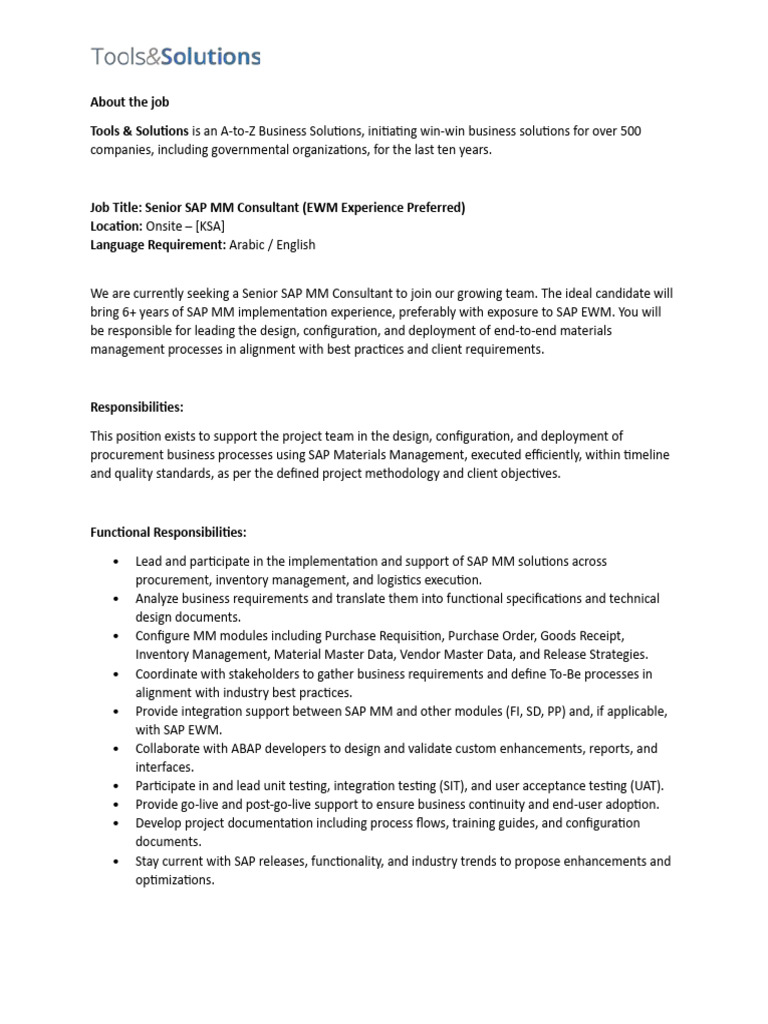 Senior SAP MM Consultant Job in KSA | PDF | Procurement | Computing