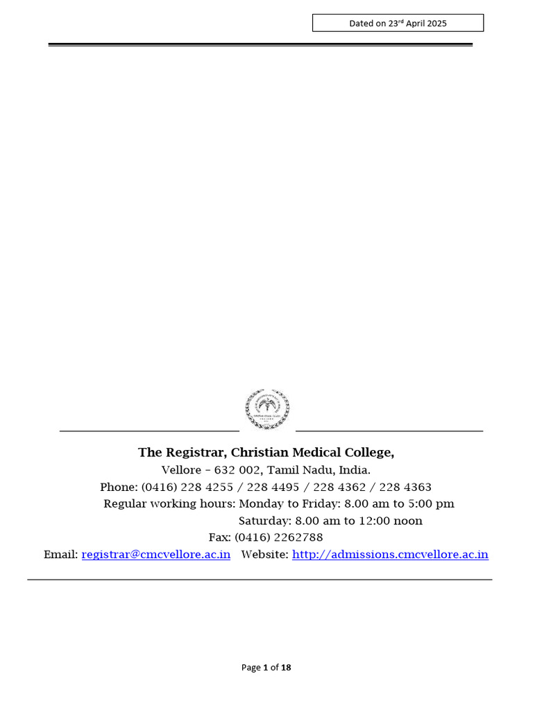 CMC Vellore PG Admissions Bulletin 2025 | PDF | Doctor Of Medicine ...