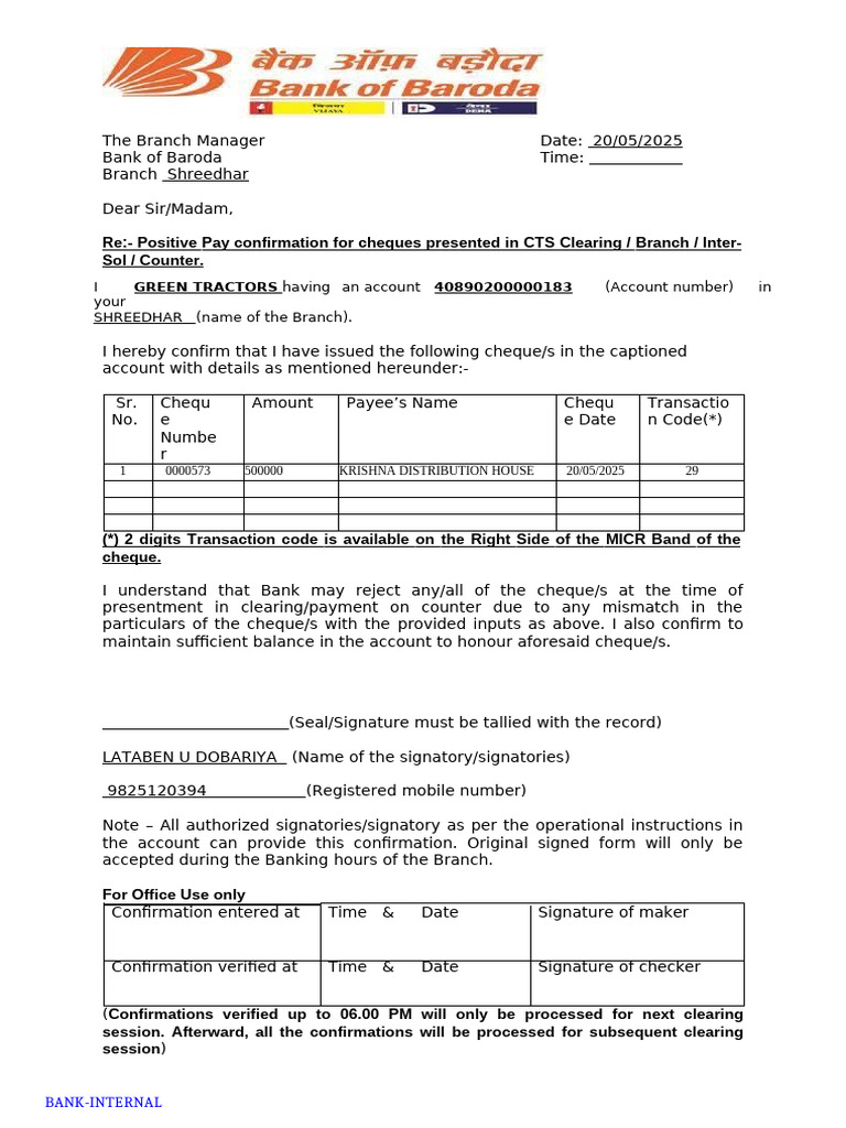 Bank of Baroda Positive Pay Form | PDF