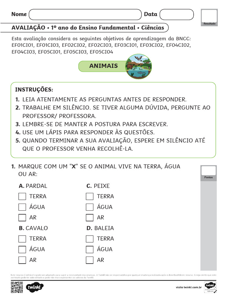 Avaliação de Ciências: Animais 1º Ano | PDF | Vertebrados | Peixes