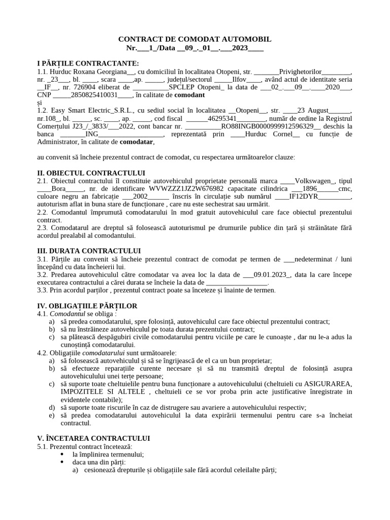 Model Contract de Comodat Auto | PDF
