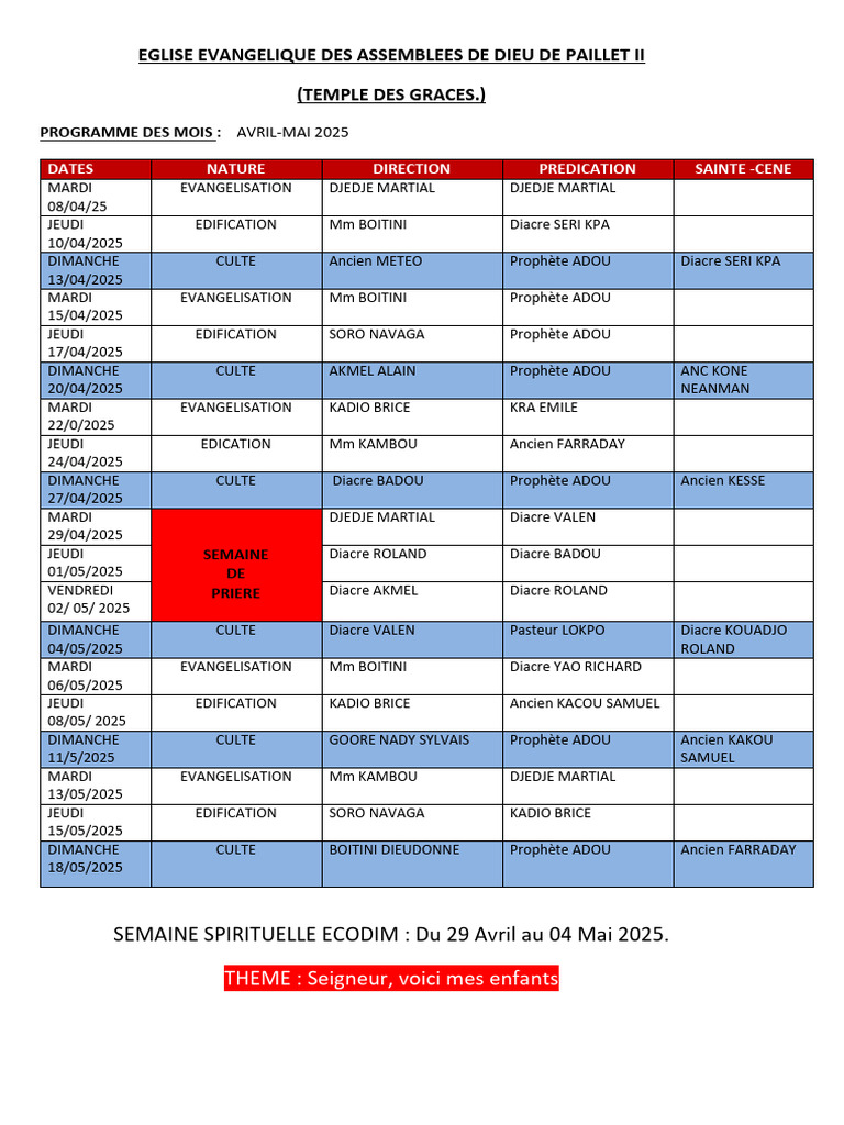 Programme Église Évangélique 2025 | PDF