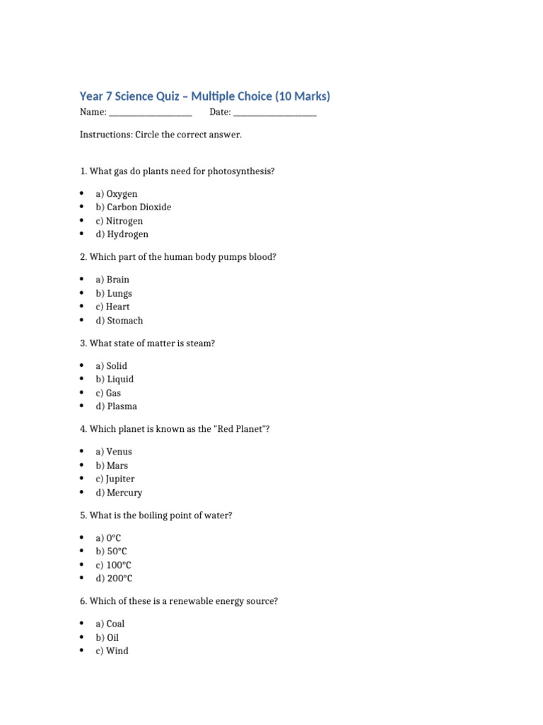 Year 7 Science Quiz with Answers | PDF