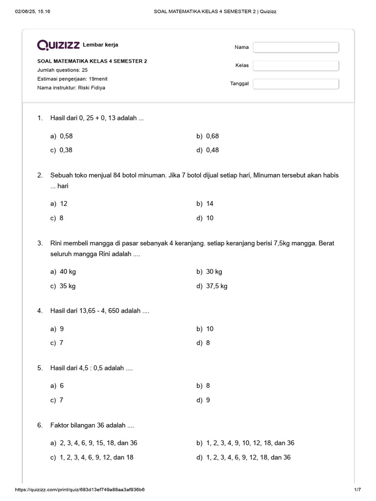 Soal Matematika Kelas 4 Semester 2 | PDF