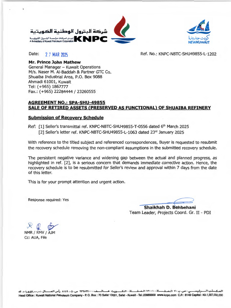 KNPC NBTC SHU49855 L 1202 Submission of Recovery Schedule) | PDF
