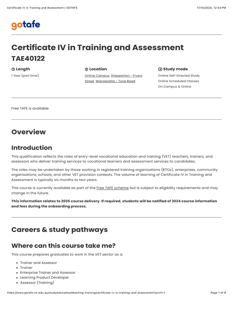 Certificate IV in Training and Assessment - GOTAFE | PDF | Vocational ...