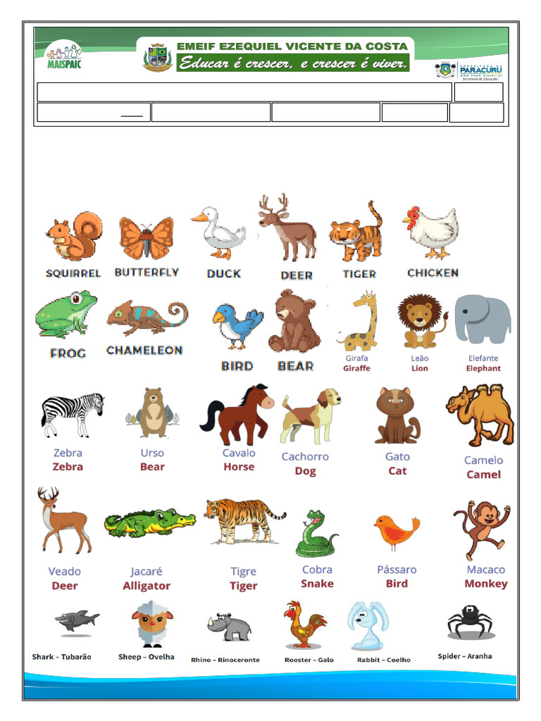 Atividade de Inglês: Animais e Vocabulário | PDF
