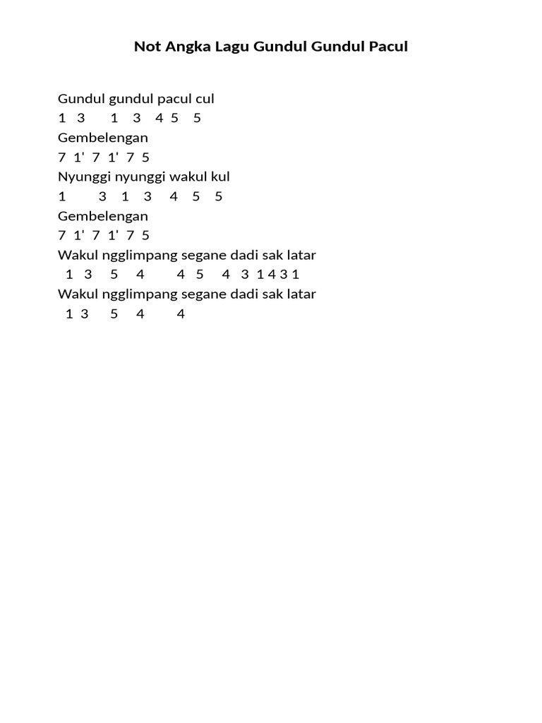Not Angka Gundul Gundul Pacul | PDF