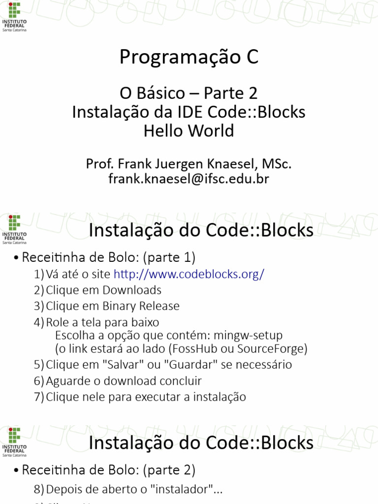 Instalação do Code::Blocks e Hello World | PDF