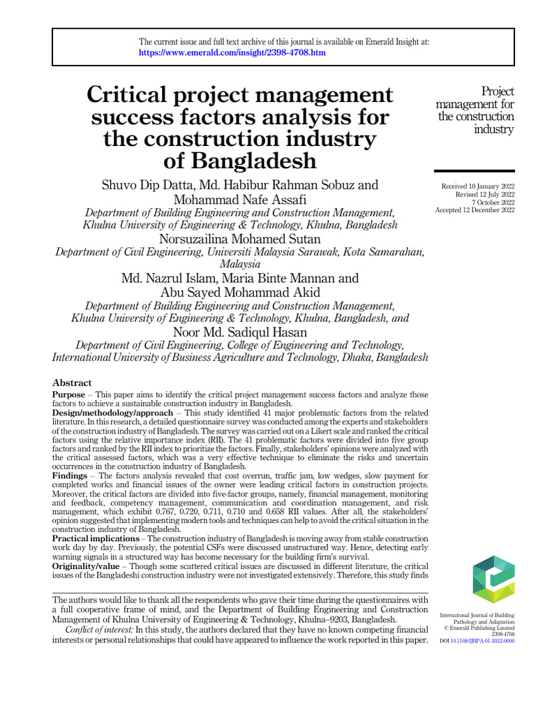 Datta 2023 Critical Project Management Success | PDF | Bangladesh