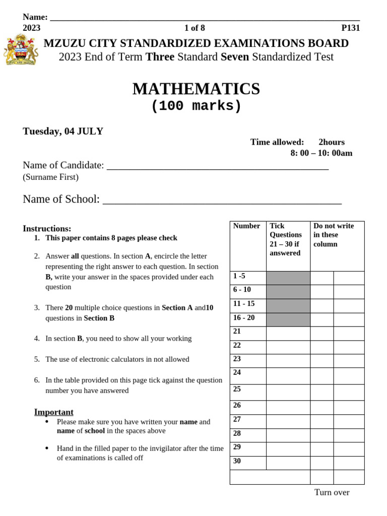 Standard 7 Mathematics Exam Paper 2023 | PDF | Area | Elementary Geometry