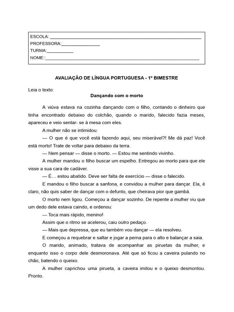 Avaliação de Língua Portuguesa 1º Bimestre | PDF