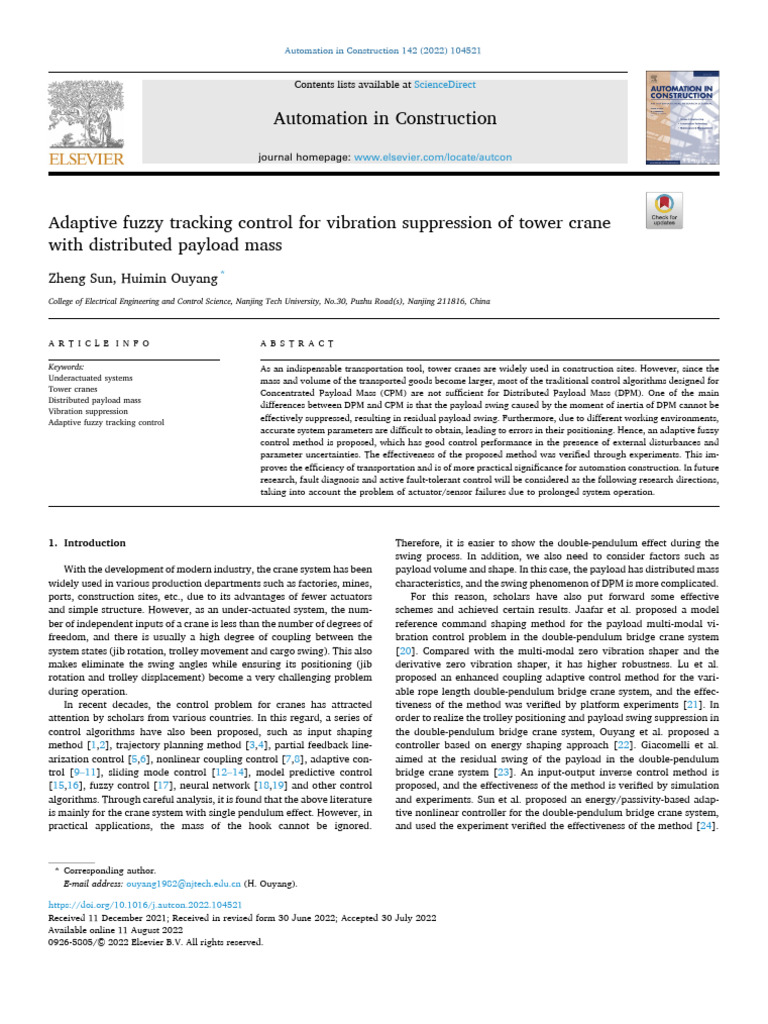 Adaptive Fuzzy Control for Tower Cranes | PDF | Control Theory | Crane ...