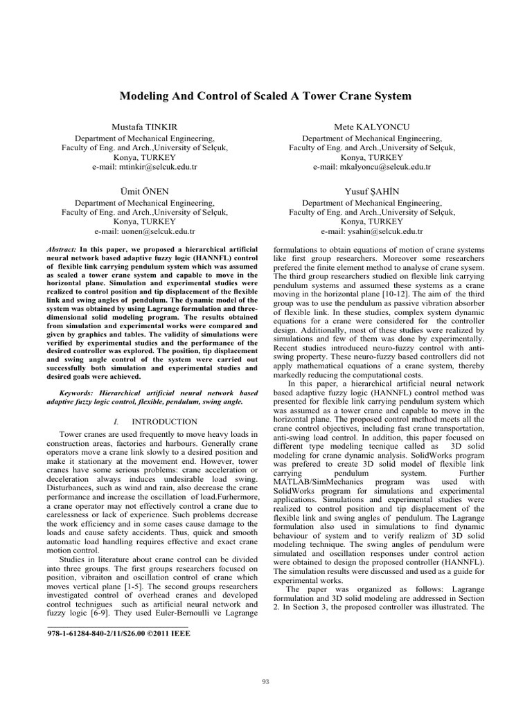 Scaled Tower Crane Control Modeling | PDF | Fuzzy Logic | Crane (Machine)