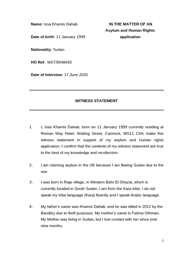 Issa Khamis Dahab - Finalised Witness Statement | PDF | Sudan | Chad