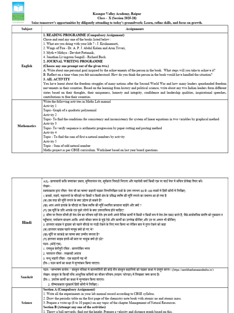 Class X Assignments for 2025-26 | PDF | Mathematics