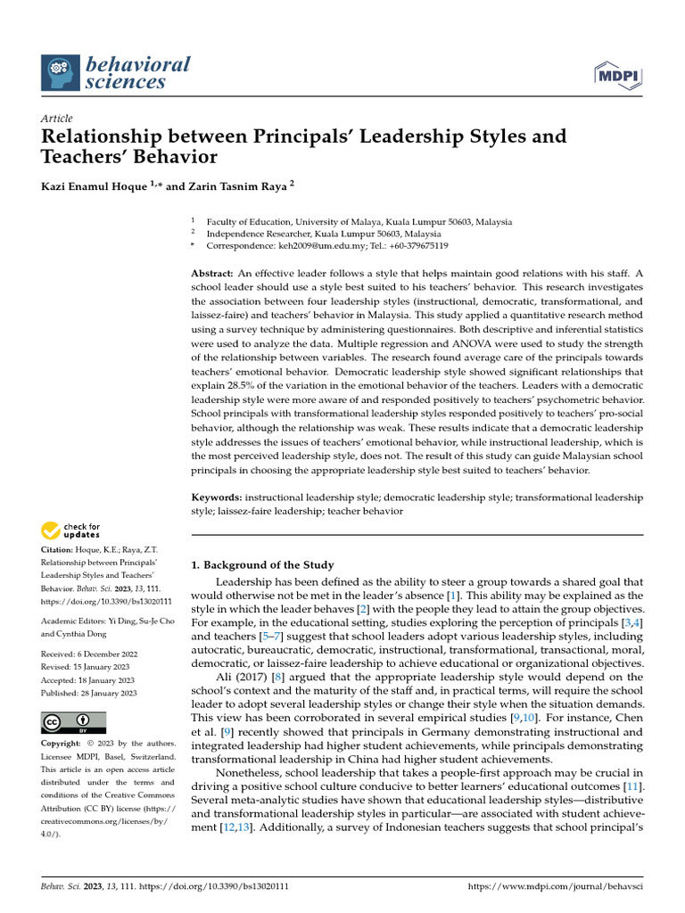 Leadership Styles Impact on Teacher Behavior | PDF | Leadership ...