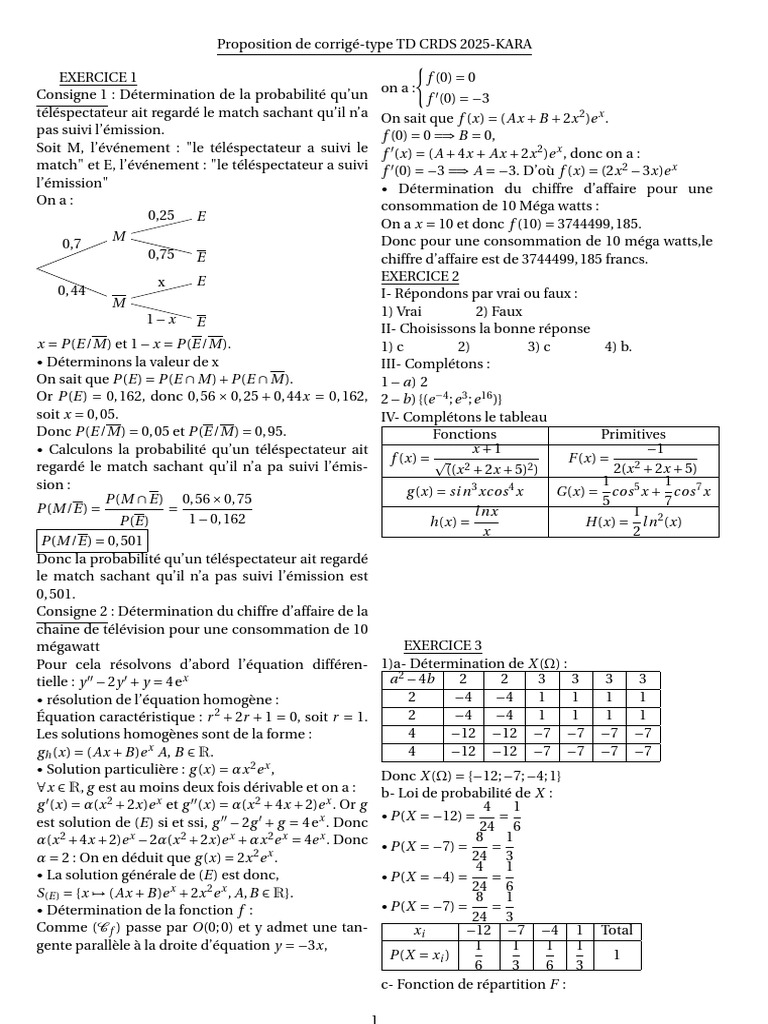 Corrigé TD CRDS 2025 : Probabilités et Équations | PDF