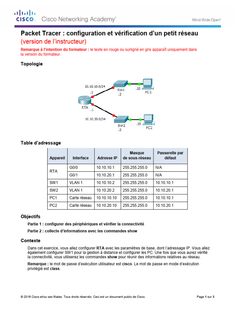 Configuration d'un petit réseau avec Packet Tracer | PDF | Adresse IP ...